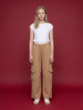 Vanilla Star Women XS Cargo Pants Tan Linen Rayon Y2K Wide Leg Mid Rise Pull On